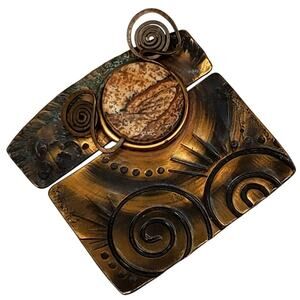 Vtg Copper Pin Brooch Textured Metalwork Sun Face Cork Center Abstract Modernist